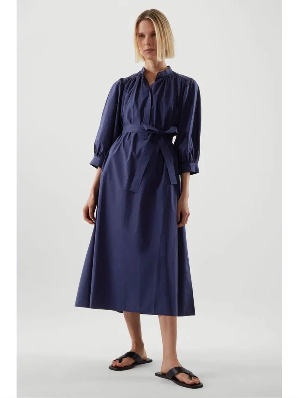 COS Puff-Sleeve Belted Dress in Navy